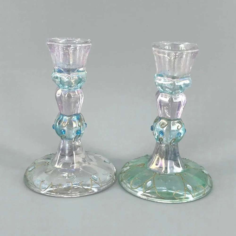 Iridescent Art Glass Candlestick Holders Hand Painted Gold Filigree Set of 2